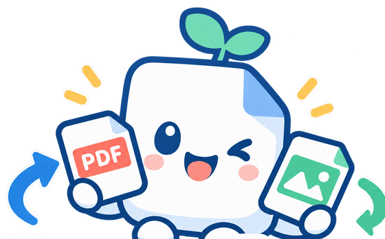 PDFと画像を持って笑う、ポムのマスコット